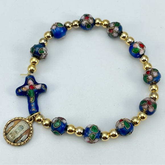 Vintage Cloisonné Cross and Religious Medal Stretch Bracelet - Picture 1 of 6